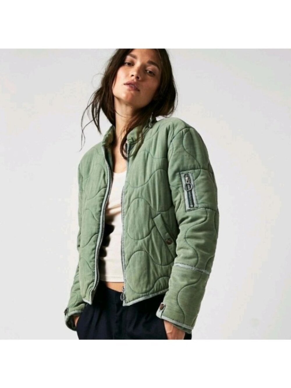 Free People Aura Liner Jacket Boho Indie Grunge Green Hipster Y2K Bomber Women L